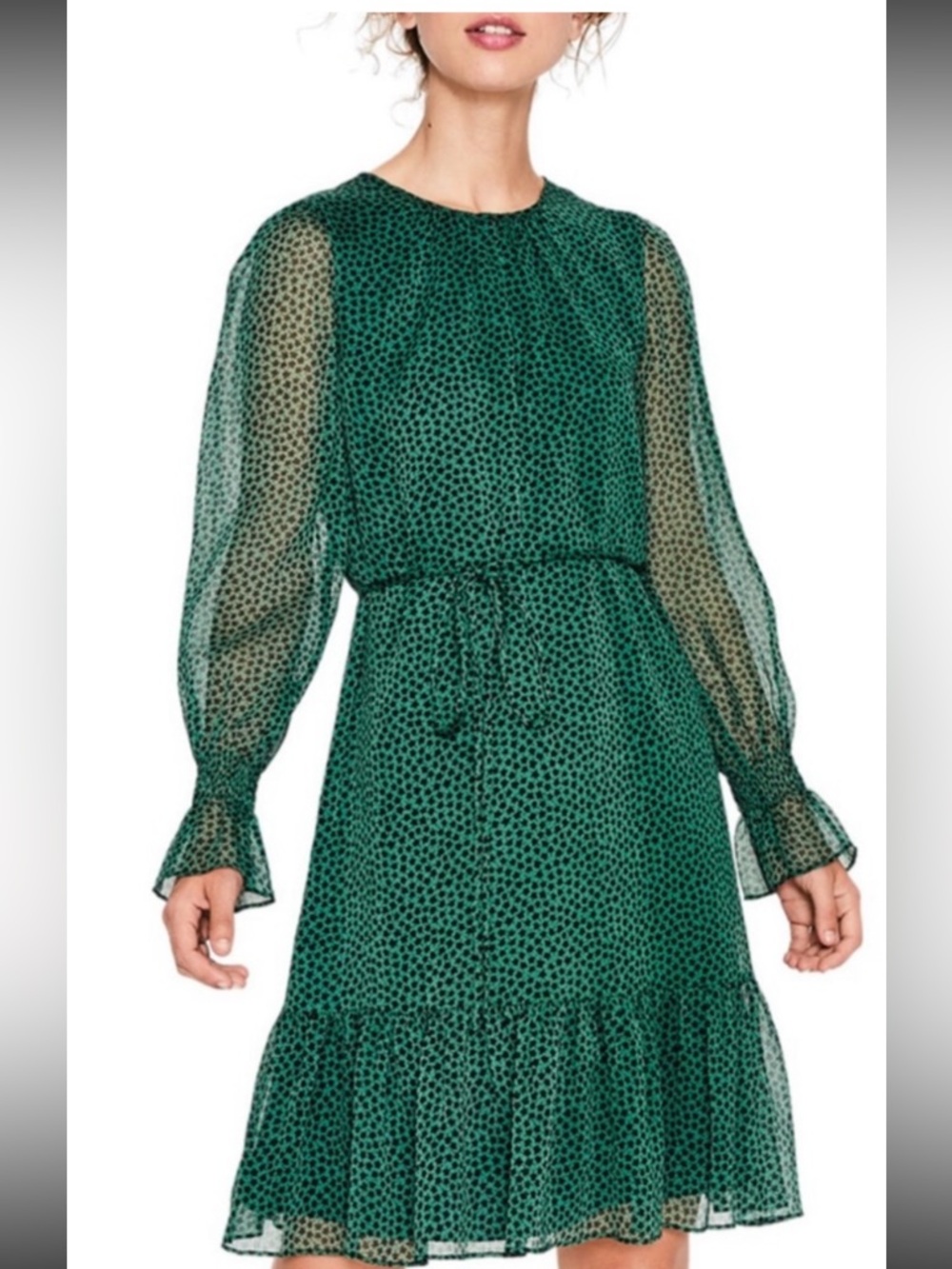 Boden Green Black Leaf Printed Long-Sleeve Tie-Waist Dress